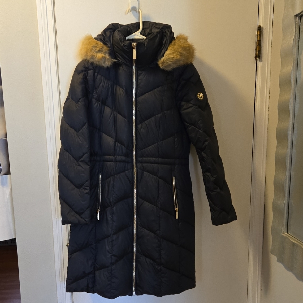 Michael Kors Black Puffer Coat with Faux Fur Hood, Worn Once.